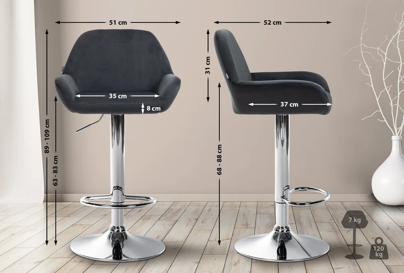 Lot de 2 tabourets de bar repose-pieds en forme d'arc en métal chromé assise en velours noir TDB10790