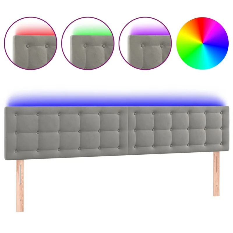 Tête de lit accessoire couchage chambre à coucher meuble à LED 200 x 5 x 78/88 cm tissu velours gris clair TDL0201312