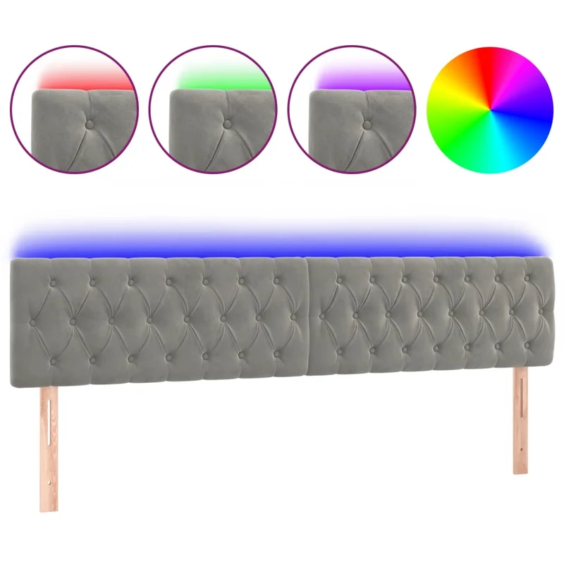 Tête de lit accessoire couchage chambre à coucher meuble à LED 200 x 7 x 78/88 cm tissu velours gris clair TDL0201307