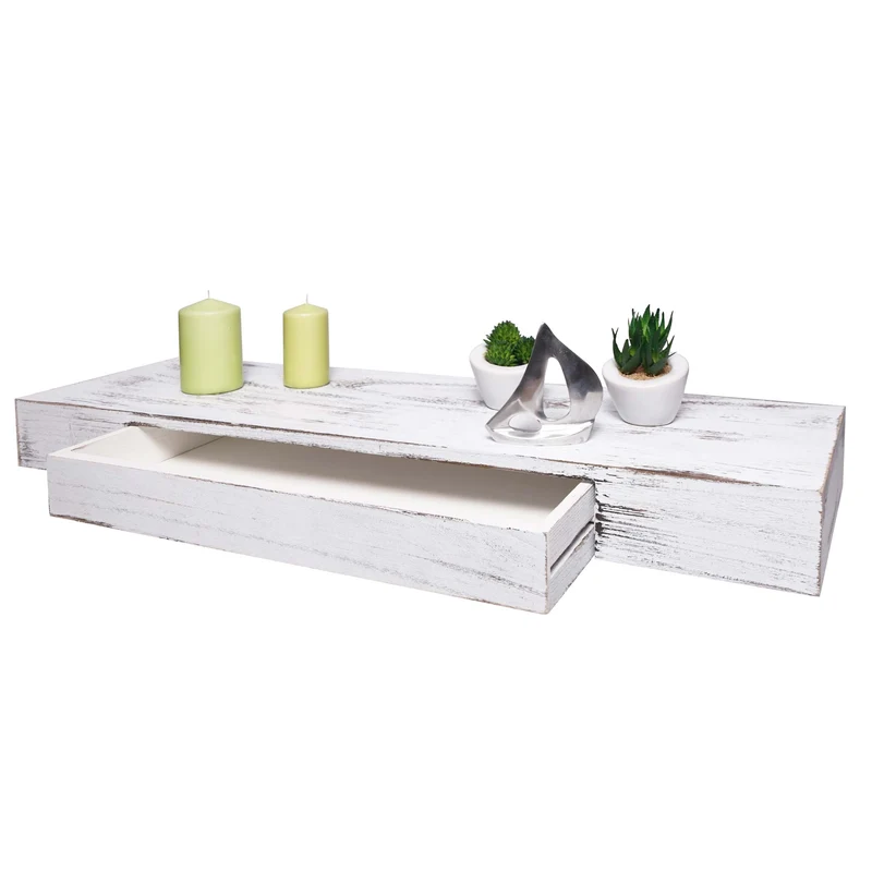 Étagère murale étagère suspendue avec tiroir en bois massif 8x80x25cm blanc vieilli 04_0005180