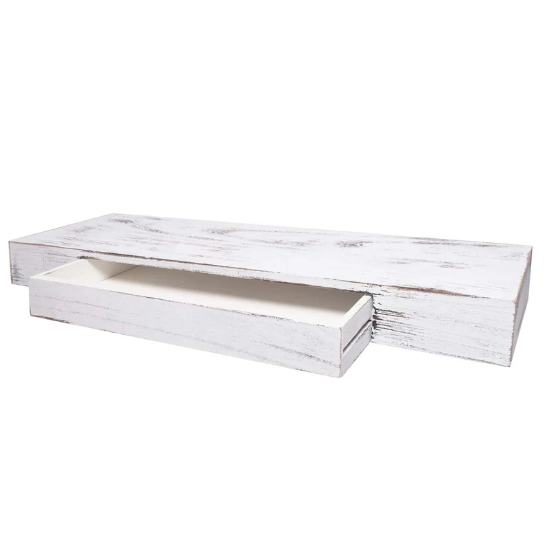 Étagère murale étagère suspendue avec tiroir en bois massif 8x80x25cm blanc vieilli 04_0005180