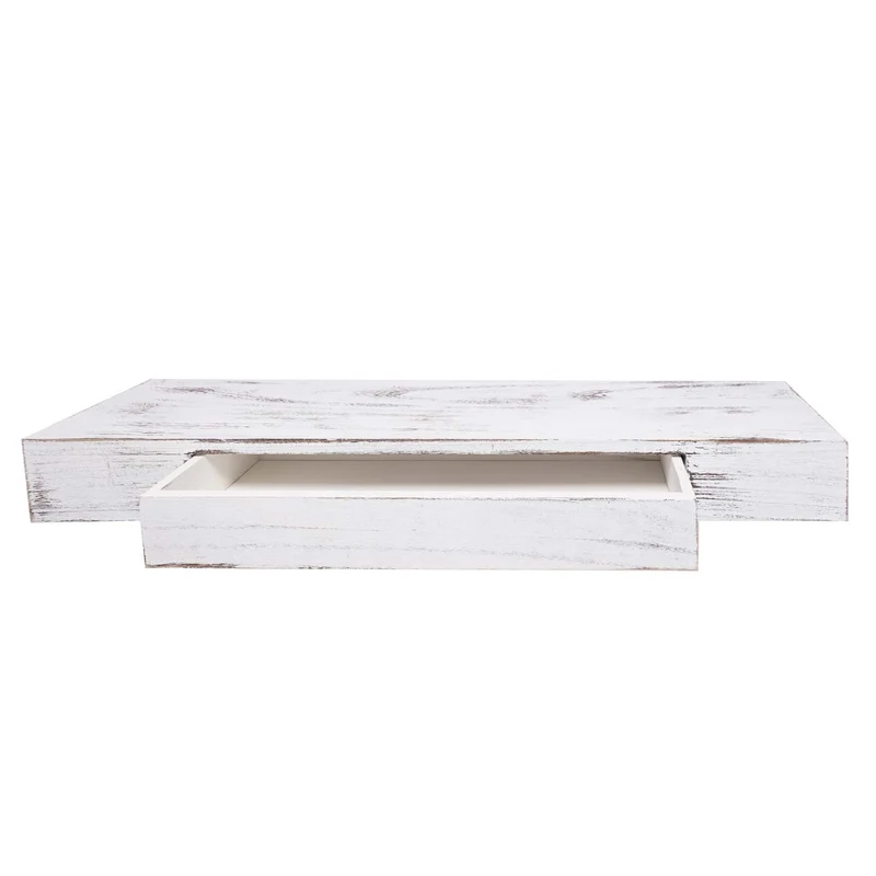Étagère murale étagère suspendue avec tiroir en bois massif 8x80x25cm blanc vieilli 04_0005180