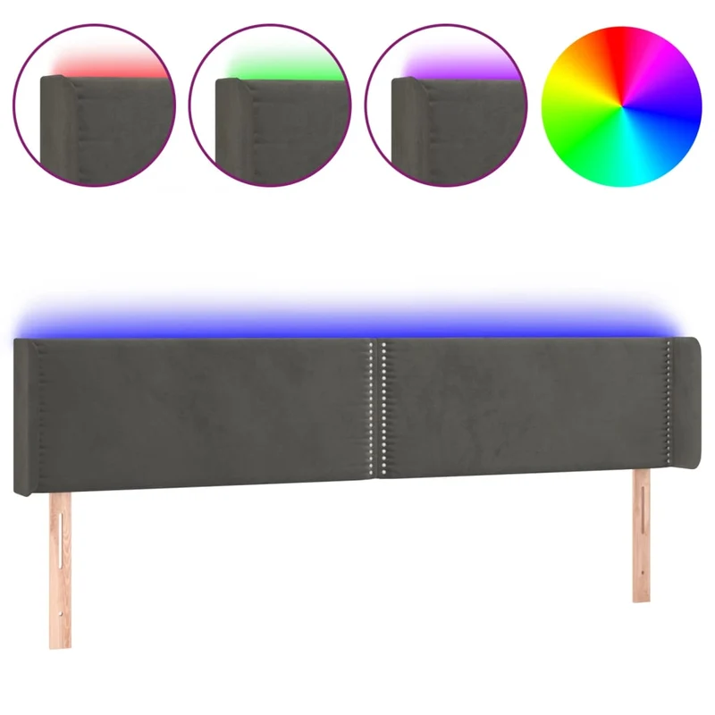 Tête de lit accessoire couchage chambre à coucher meuble à LED 203 x 16 x 78/88 cm tissu velours gris foncé TDL0201051