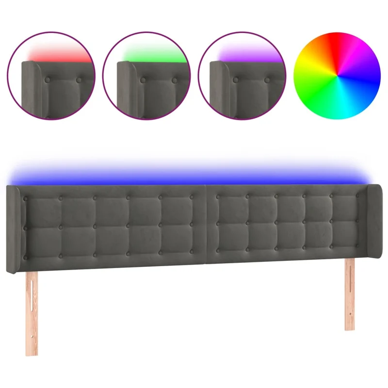 Tête de lit accessoire couchage chambre à coucher meuble à LED 203 x 16 x 78/88 cm tissu velours gris foncé TDL0201049