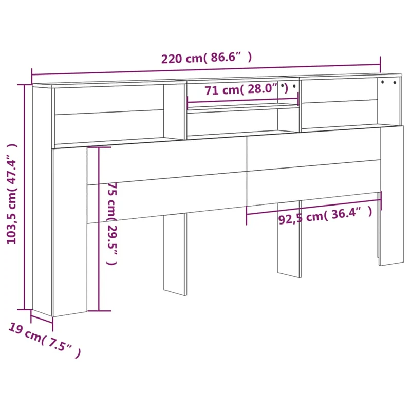 Tête de lit avec rangement accessoire de lit table de chevet étagère 220 x 19 x 103,5 cm MDF noir TDL0200015