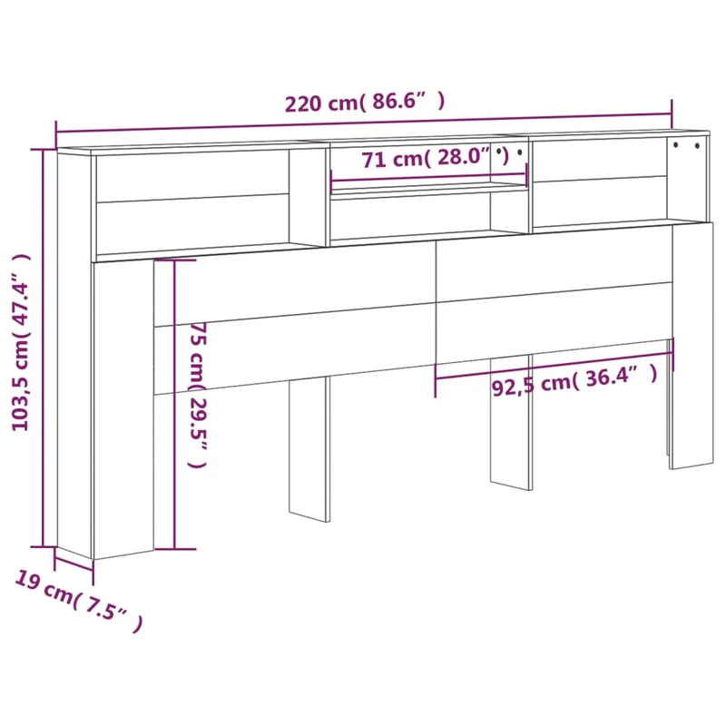 Tête de lit avec rangement accessoire de lit table de chevet étagère 220 x 19 x 103,5 cm MDF blanc TDL0200099