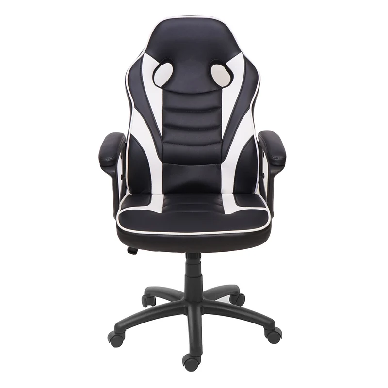 Fauteuil chaise de bureau gamer sur roulettes forme ergonomique pivotant hauteur réglable synthétique noir/blanc 04_0001840
