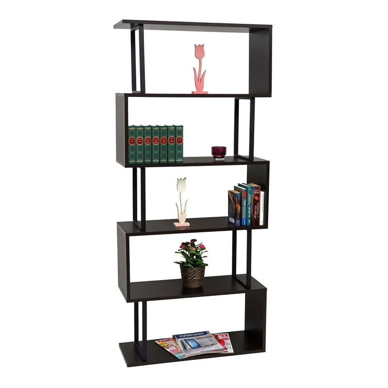 Bibliothèque étagère autoportante meuble de rangement structure 3D 183x80cm 5 niveaux marron foncé métal noir 04_0001322
