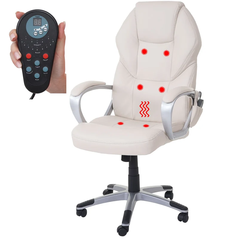 Fauteuil de bureau sur roulettes avec fonction massage chauffage pivotante en synthétique crème 04_0001917