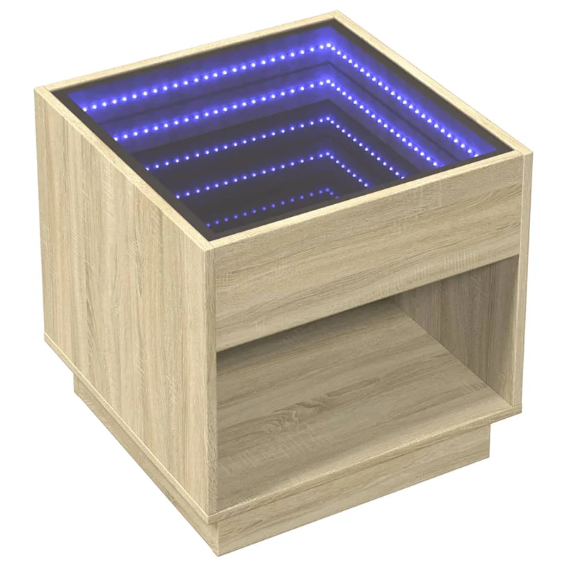 Table basse de salon design moderne avec LED 50 x 50 x 50 cm bois d'ingénierie couleur chêne et verre DEC037482