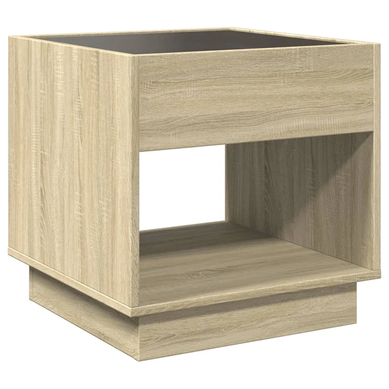 Table basse de salon design moderne avec LED 50 x 50 x 50 cm bois d'ingénierie couleur chêne et verre DEC037482
