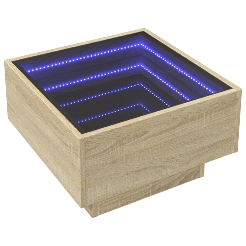 Table basse de salon design moderne avec LED 50 x 50 x 30 cm bois d'ingénierie couleur chêne et verre DEC037413