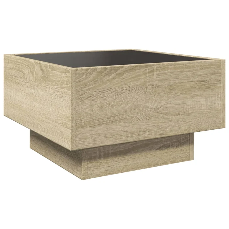Table basse de salon design moderne avec LED 50 x 50 x 30 cm bois d'ingénierie couleur chêne et verre DEC037413