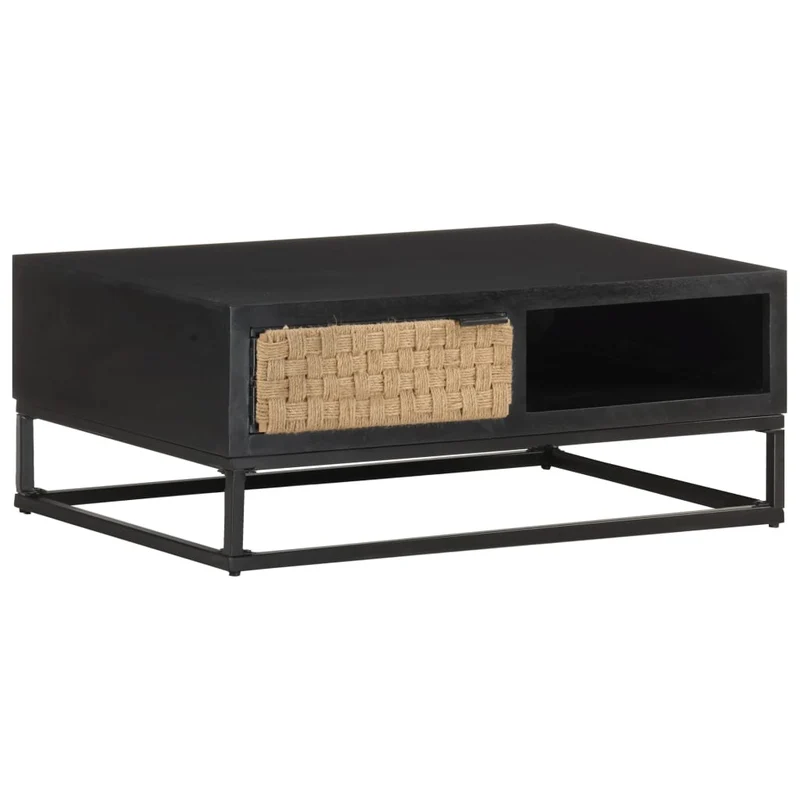 Table basse de salon design moderne 90 x 60 x 35 cm bois de manguier massif noir jute et fer DEC037248