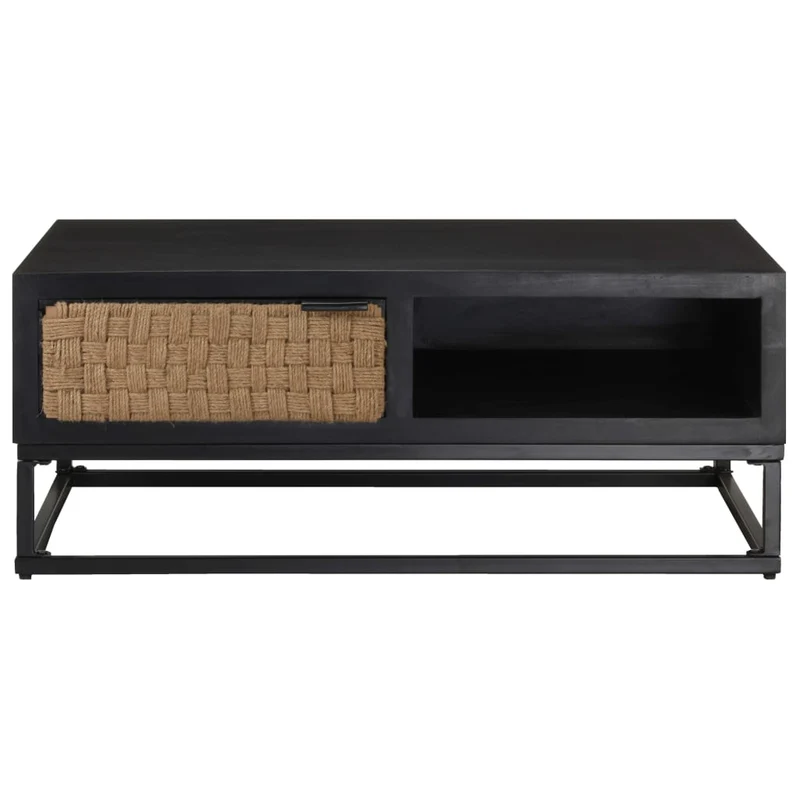 Table basse de salon design moderne 90 x 60 x 35 cm bois de manguier massif noir jute et fer DEC037248