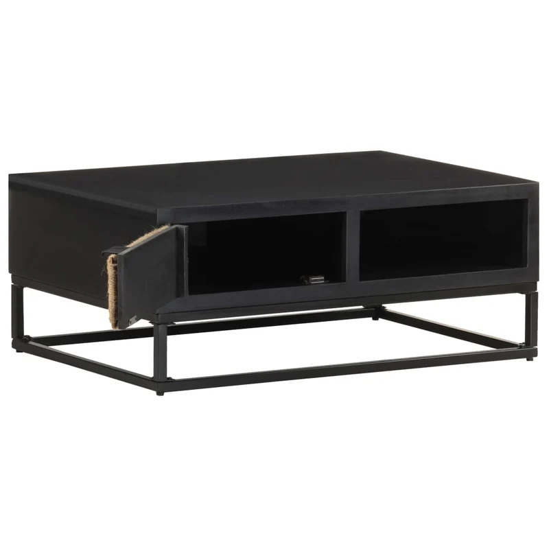 Table basse de salon design moderne 90 x 60 x 35 cm bois de manguier massif noir jute et fer DEC037248