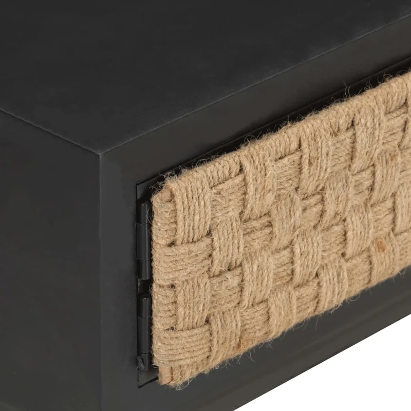 Table basse de salon design moderne 90 x 60 x 35 cm bois de manguier massif noir jute et fer DEC037248