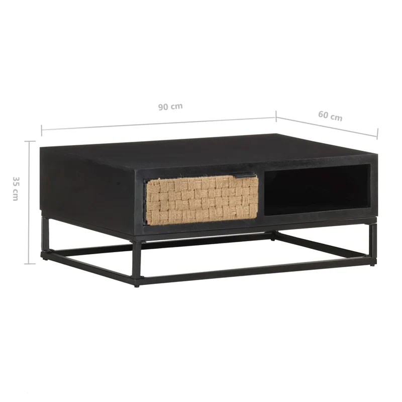 Table basse de salon design moderne 90 x 60 x 35 cm bois de manguier massif noir jute et fer DEC037248