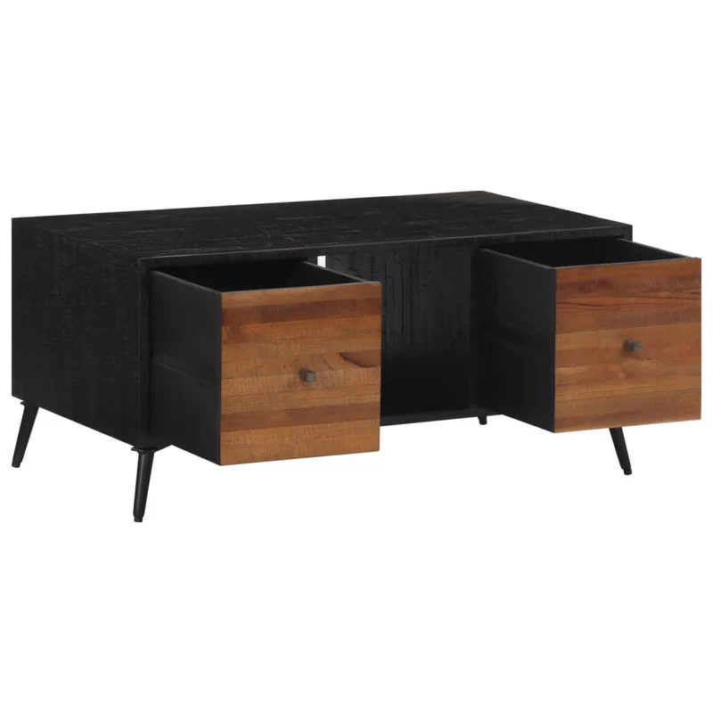 Table basse de salon avec tiroirs design moderne 90 x 50 x 41 cm teck de récupération massif marron noir et fer DEC037242