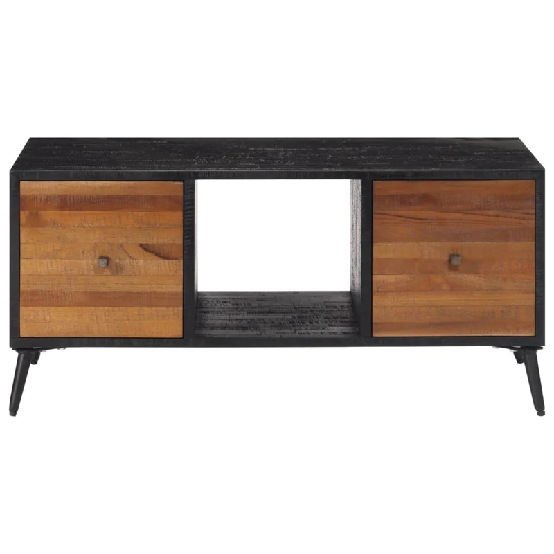 Table basse de salon avec tiroirs design moderne 90 x 50 x 41 cm teck de récupération massif marron noir et fer DEC037242