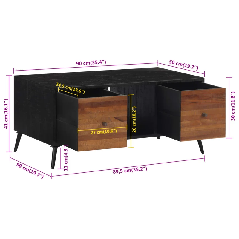 Table basse de salon avec tiroirs design moderne 90 x 50 x 41 cm teck de récupération massif marron noir et fer DEC037242
