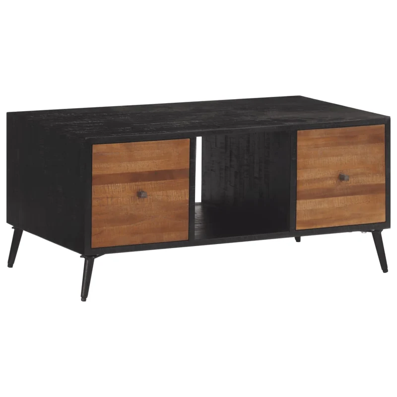 Table basse de salon avec tiroirs design moderne 90 x 50 x 41 cm teck de récupération massif marron noir et fer DEC037242