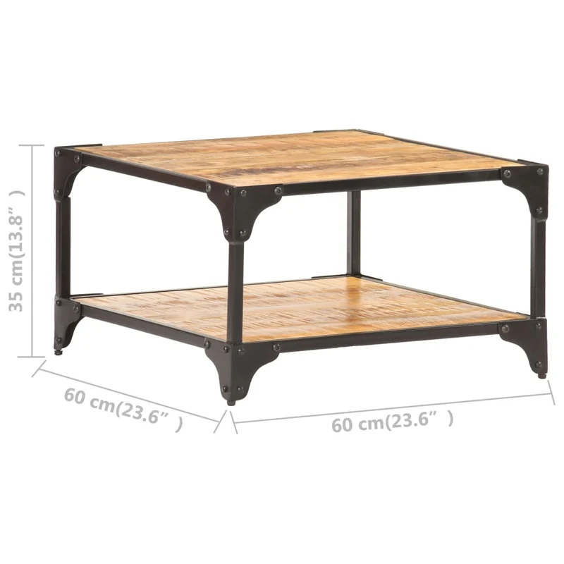 Table basse de salon avec étagère design industriel 60 x 60 x 35 cm bois de manguier massif et fer DEC037104