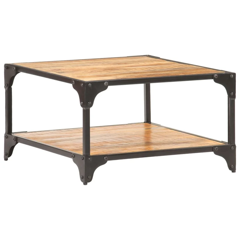 Table basse de salon avec étagère design industriel 60 x 60 x 35 cm bois de manguier massif et fer DEC037104
