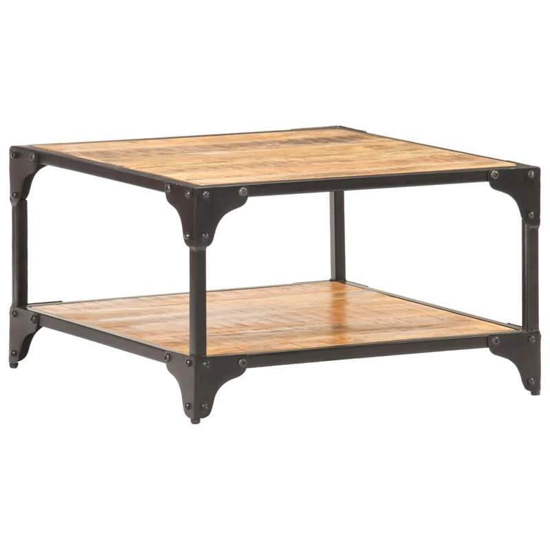 Table basse de salon avec étagère design industriel 60 x 60 x 35 cm bois de manguier massif et fer DEC037104