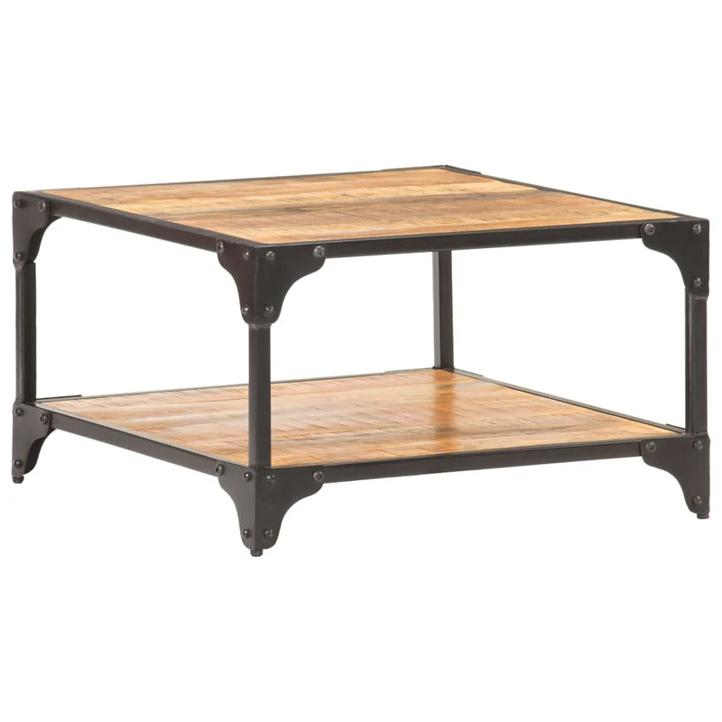 Table basse de salon avec étagère design industriel 60 x 60 x 35 cm bois de manguier massif et fer DEC037104