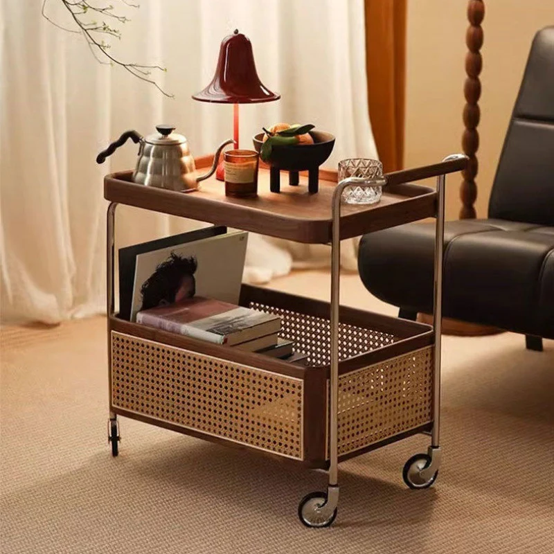 Contemporary Retro Weaving Imitation Rattan PE Wood Stainless Steel Rectangular Movable End Table 2-Tier Storage For Living Room