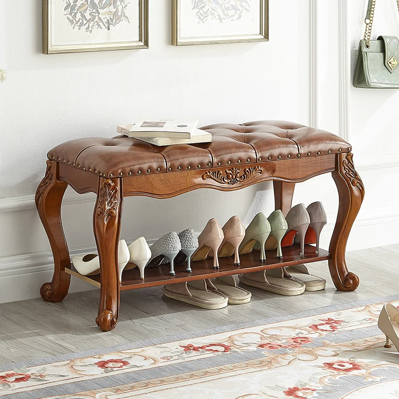 Traditional Vintage Rectangle Carved Pattern Microfiber Leather Solid Wood Medium-Density Fiberboard Shoe Bench Low Stool For Living Room