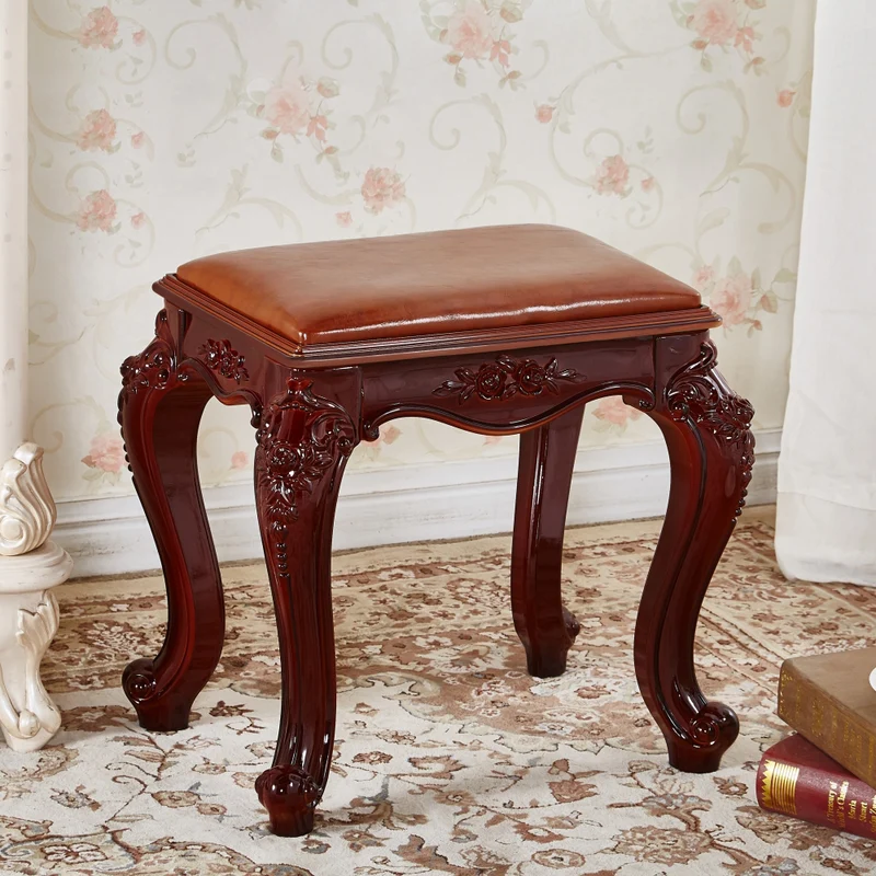Traditional Vintage Carved Pattern Rectangle ABS Resin Microfiber Leather Velvet Low Stool For Living Room