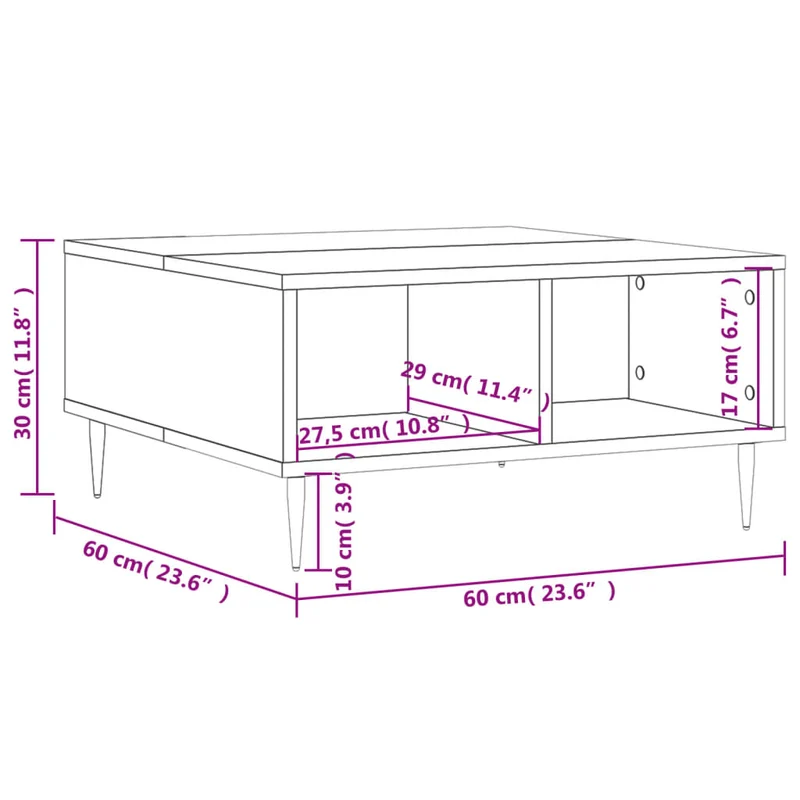 Table basse design moderne et contemporaine avec 4 compartiments 60 x 60 x 30 cm bois d'ingénierie noir et fer DEC039719