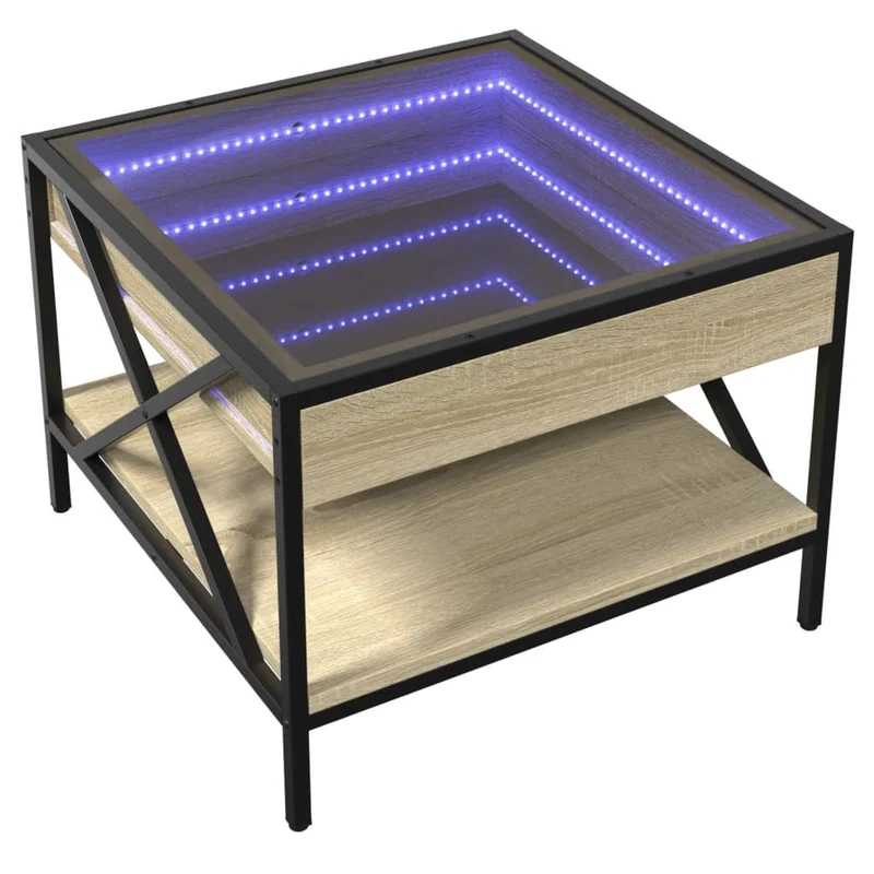 Table basse de salon design industriel moderne avec LED 50 x 50 x 38 cm bois d'ingénierie verre et métal DEC037480