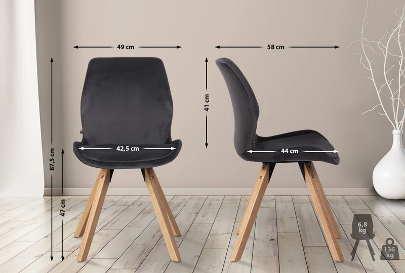 Lot de 2 chaises de salle à manger en velours gris foncé style scandinave pieds bois CDS101125
