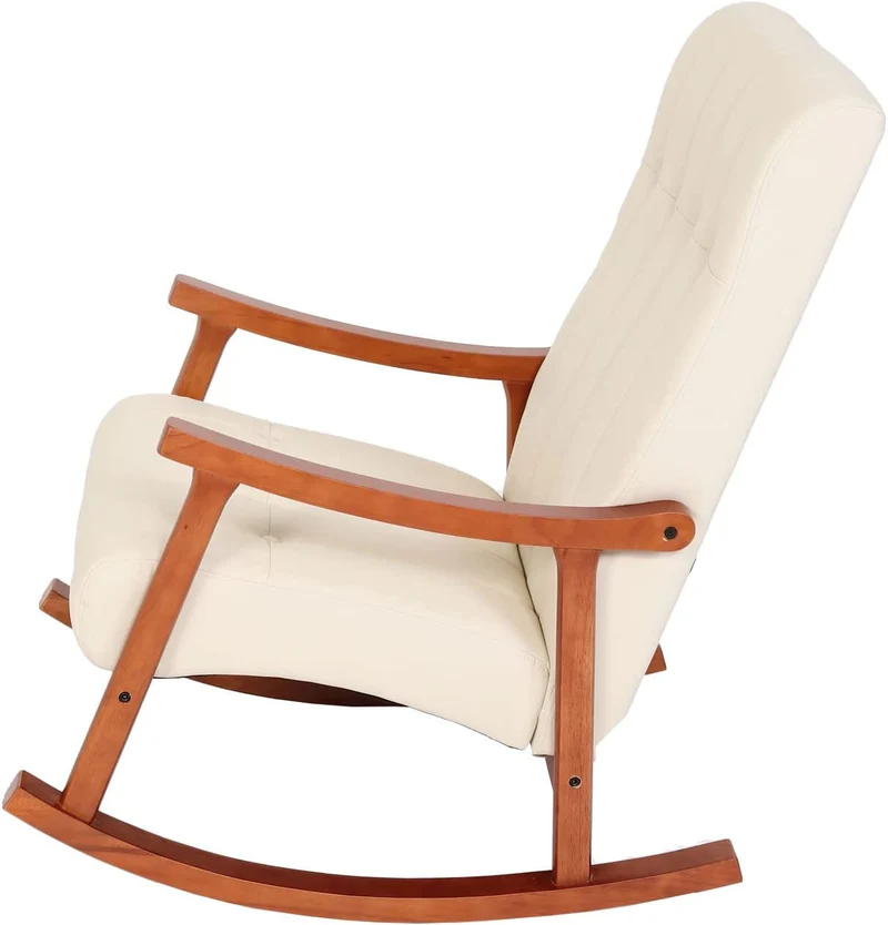 Fauteuil à bascule rocking chair relax avec accoudoirs en synthétique crème cadre aspect noyer FAB04032