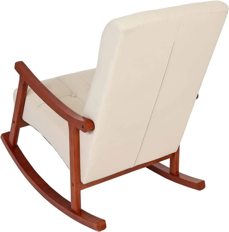 Fauteuil à bascule rocking chair relax avec accoudoirs en synthétique crème cadre aspect noyer FAB04032