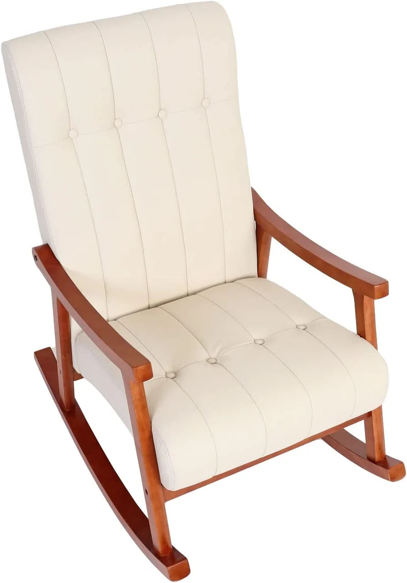 Fauteuil à bascule rocking chair relax avec accoudoirs en synthétique crème cadre aspect noyer FAB04032