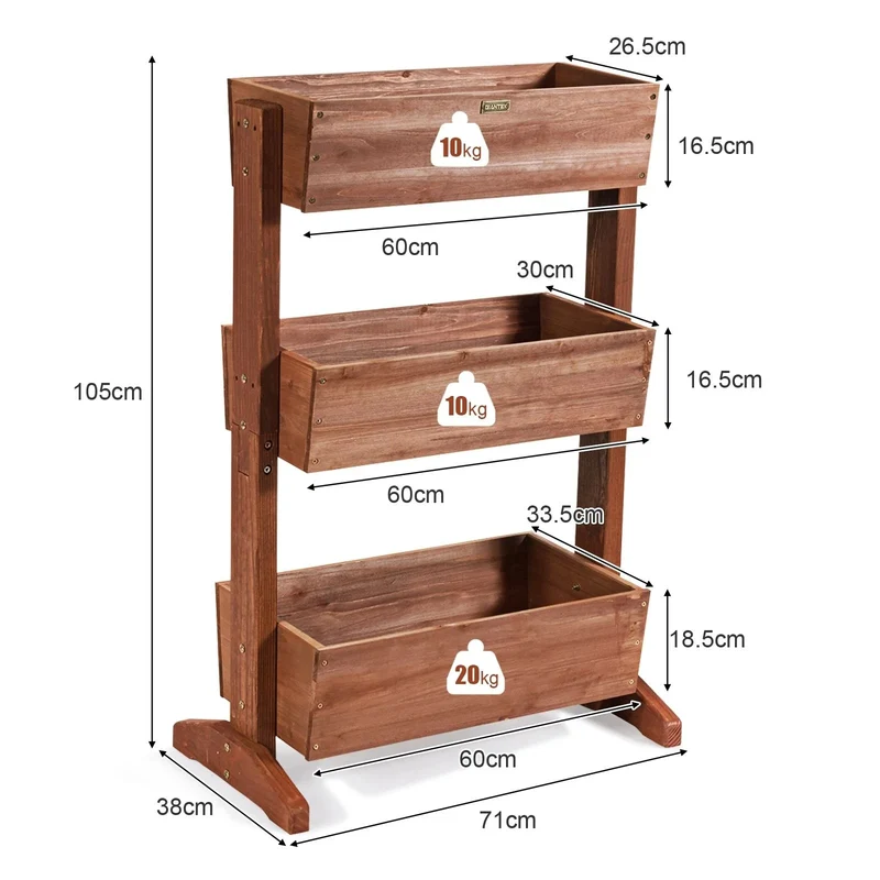 Etagères à plantes en bois à 3 niveau amovibles hauteur et inclinaison ajustable multifonctions intérieur/extérieur 20_0000615