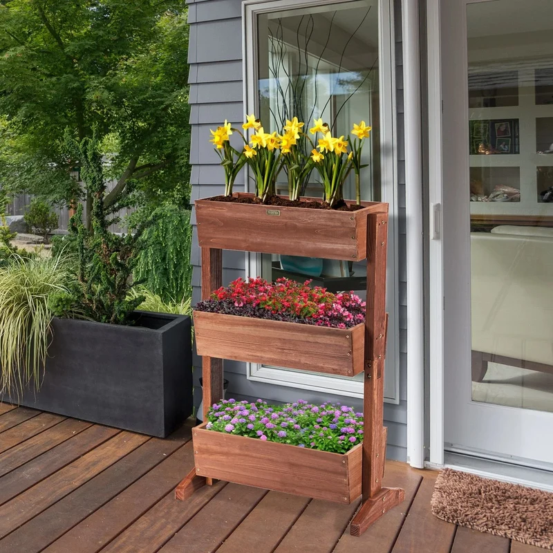 Etagères à plantes en bois à 3 niveau amovibles hauteur et inclinaison ajustable multifonctions intérieur/extérieur 20_0000615