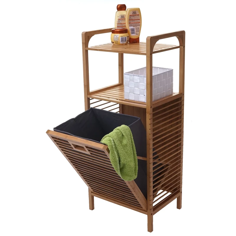 Étagère de salle de bain rangement avec panier à linge en bambou 95x40x30cm 28L 04_0005669