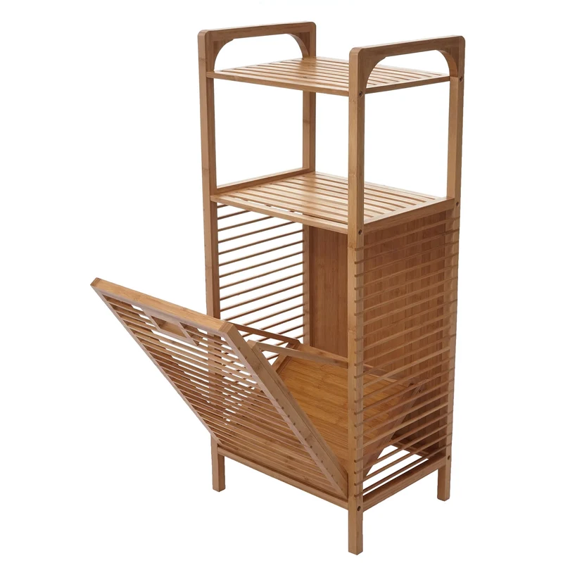 Étagère de salle de bain rangement avec panier à linge en bambou 95x40x30cm 28L 04_0005669