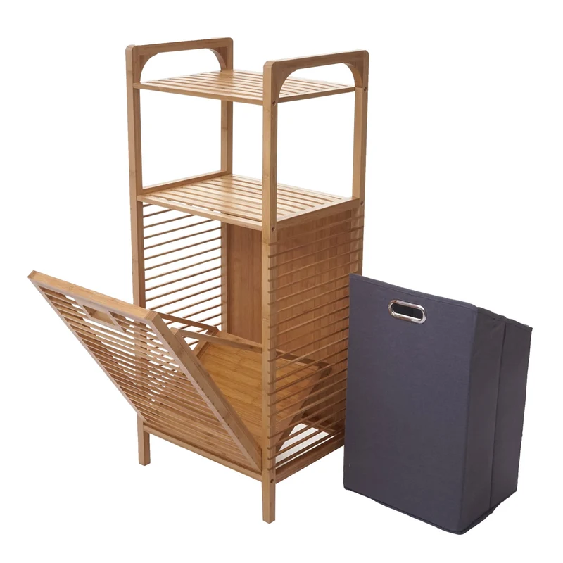 Étagère de salle de bain rangement avec panier à linge en bambou 95x40x30cm 28L 04_0005669