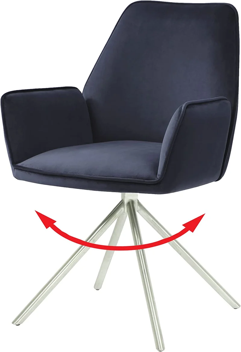 Chaise fauteuil rembourré salon bureau avec accoudoirs rotation 90° en velours bleu foncé pieds acier FAL04039