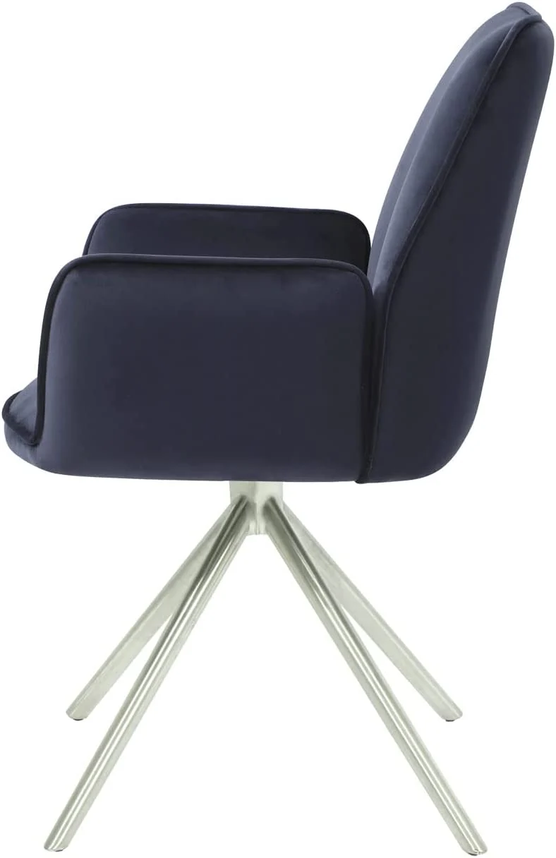 Chaise fauteuil rembourré salon bureau avec accoudoirs rotation 90° en velours bleu foncé pieds acier FAL04039