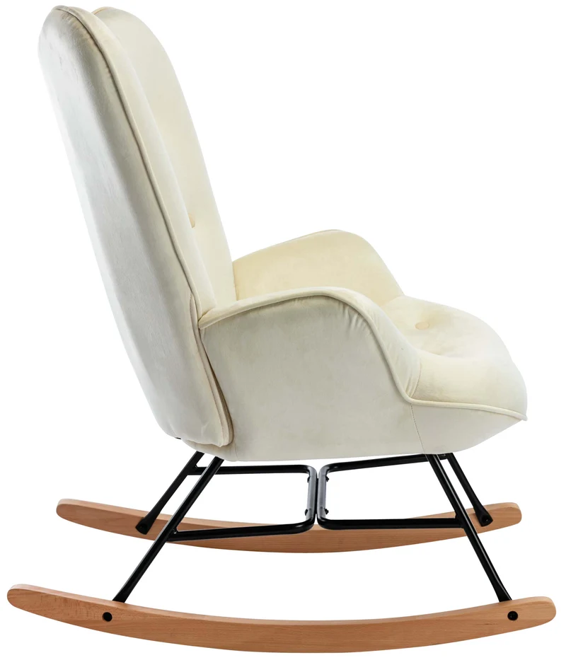 Fauteuil à bascule rocking chair bouton décoratif en tissu velours crème confortable et design FAB10073
