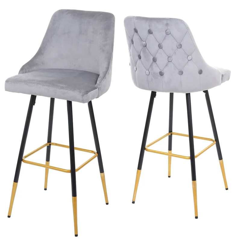 2x tabourets de bar comptoir chaise haute pieds dorés en velours design rétro gris dossier capitonné 04_0000493