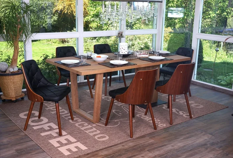 Lot de 6 chaises de salle à manger capitonné design chic en bois noyer et assise en synthétique noir CDS04668