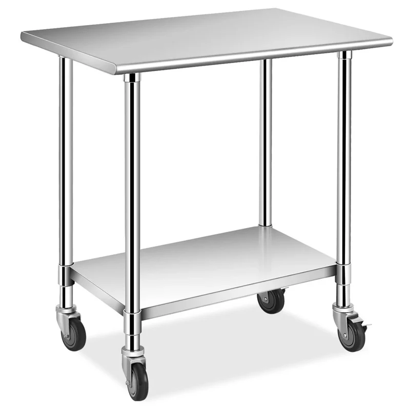 Table de travail inox cuisine avec 2 couches 4 roues 91 x 61 x 88 cm 20_0001208
